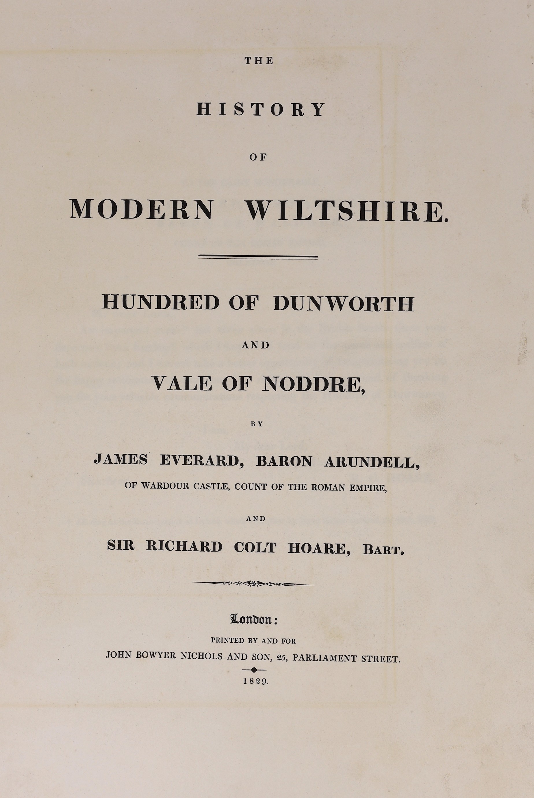 WILTS: Everard, James (Lord Arundell) and Hoare, Sir Richard Colt - The History of Modern Wiltshire. Hundred of Dunworth and Vale of Noddre. d-page map, 15 portraits and plates